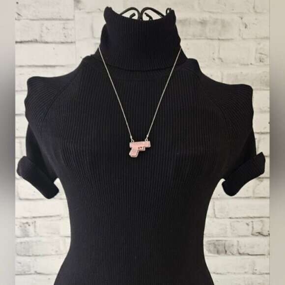 Pink Pistol with Rhinestones Pendant on a Silver Tone Necklace - Picture 1 of 5